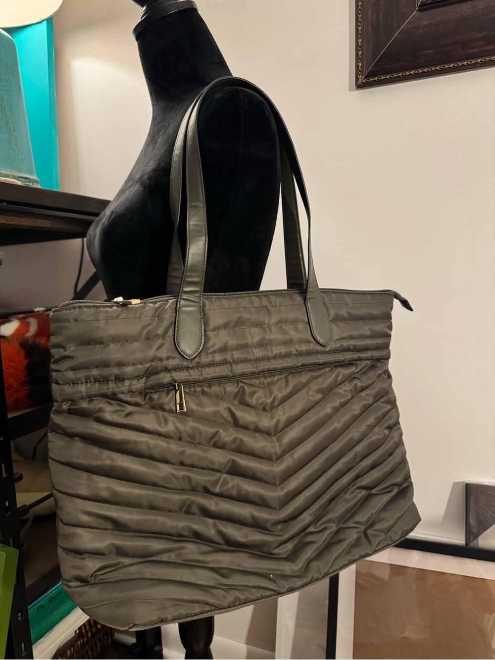 Olive Quilted Tote Bag with Zip Pocket